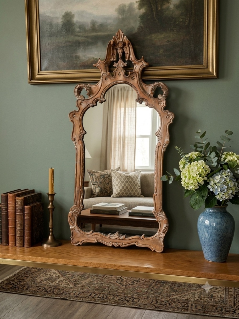 Ornate Carved Wood Wall Mirror in Natural Brown